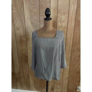 Bobeau Womens Black White Striped Square Neck 3/4 Sleeve Blouse Top Large